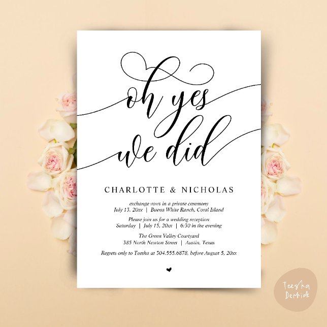 Oh Yes, We Did, Wedding Elopement Dinner Party Invitation (Oh Yes, We Did, Modern Wedding Elopement Reception Dinner Party Invites Card PDF White Black)