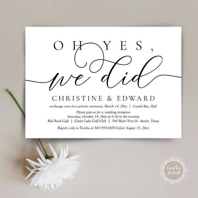 Oh Yes, We Did, Wedding Elopement Invitation (Oh Yes, We Did, Wedding Elopement Dinner Invitation Card, PDF, Modern Romantic, in Black and White)