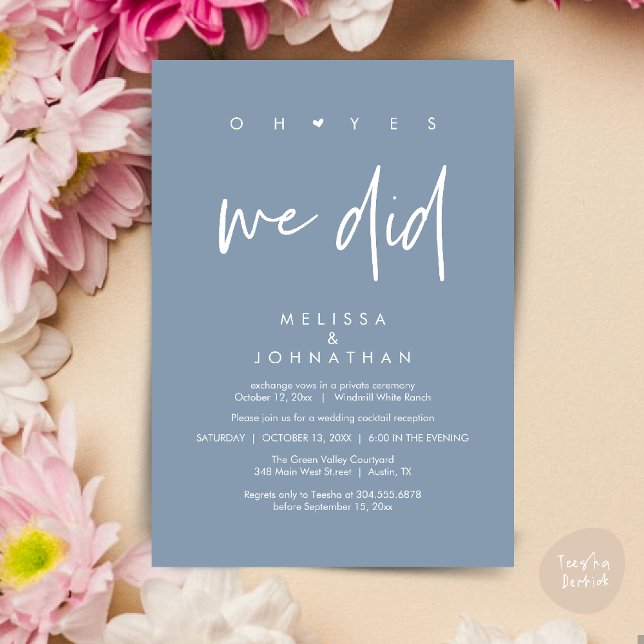 Oh yes we did, Wedding Reception Dinner Dancing Invitation (Oh yes we did, Modern Wedding Reception Dinner Dancing Minimalist Invitation Card PDF Dusty Blue)