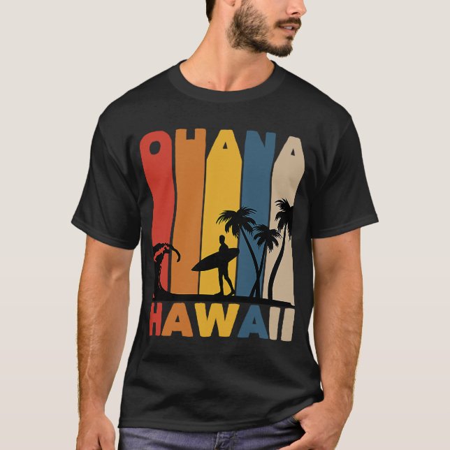 Ohana Hawaii Surfing Retro Hawaiian Family Beach V T-Shirt (Front)