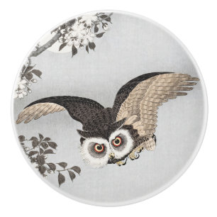 Ohara Koson Scops Owl Cherry Blossoms & Moon Ceramic Knob