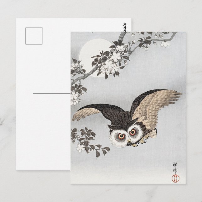 Ohara Koson Scops Owl Cherry Blossoms & Moon Postcard (Front/Back)
