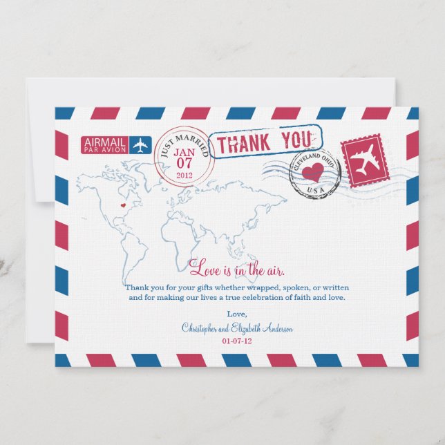Ohio Air Mail Wedding Thank You Card (Front)