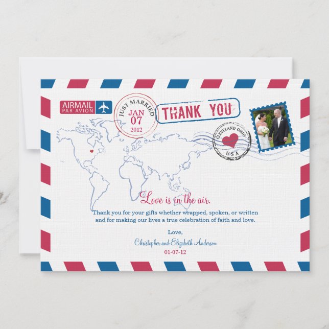 Ohio Air Mail Wedding Thank You Card (Front)