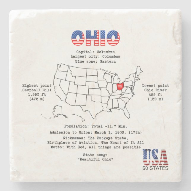 Ohio American state on a map and useful info Stone Coaster (Front)