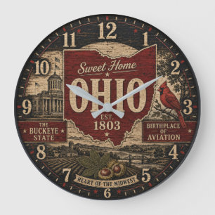Ohio Buckeye State Rustic Farmhouse Vintage Large Clock