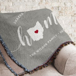 Ohio Home State Personalised Throw Blanket<br><div class="desc">Show some home state pride with this cute rustic grey throw blanket featuring "home" in white calligraphy script lettering with a silhouette map of the state of Ohio standing in for the letter "O." A red heart illustration inside the state map completes the design; you can change the position of...</div>