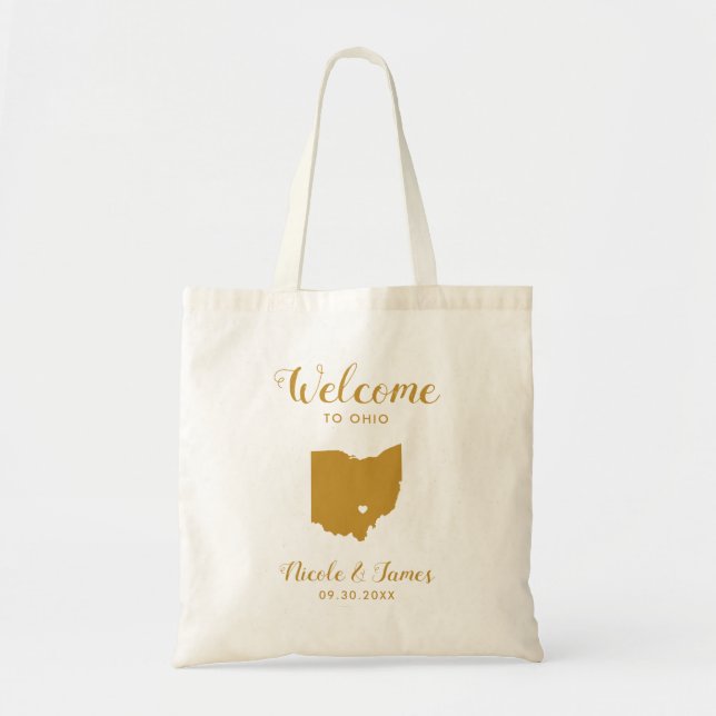 Ohio Map Wedding Welcome Bag Tote, Gold (Front)