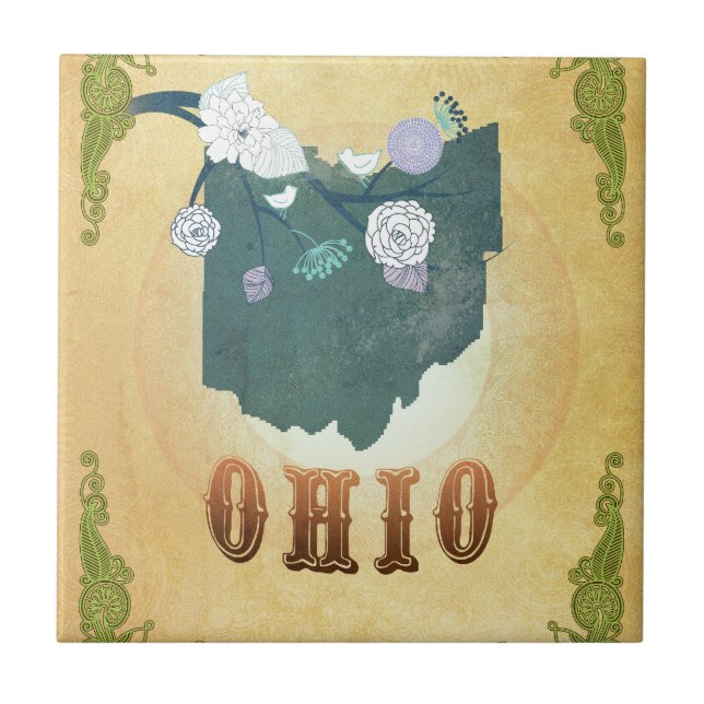 Ohio Map With Lovely Birds Tile (Front)