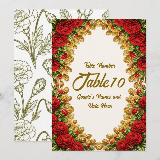 Ohio Red Carnation Wedding Table Number Card (Front/Back)