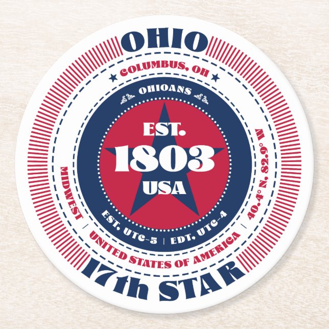 Ohio Red White Blue Typography Round Paper Coaster (Front)