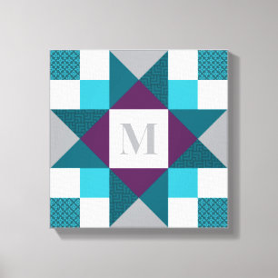 Ohio Star Quilt Block in Teal, Grey, Purple, White Canvas Print