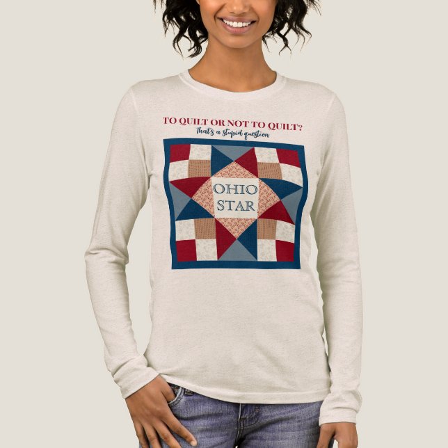 Ohio Star Quilt Block - Navy, Red, Tan Tri-Blend Shirt (Front)