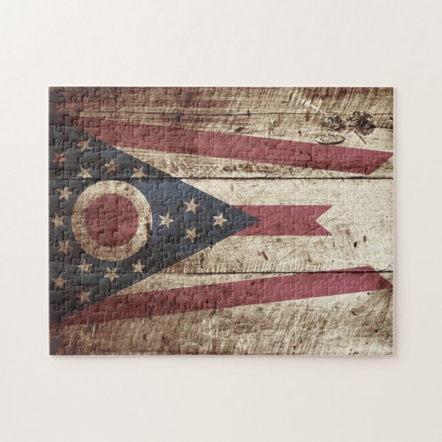 Ohio State Flag on Old Wood Grain Jigsaw Puzzle (Horizontal)
