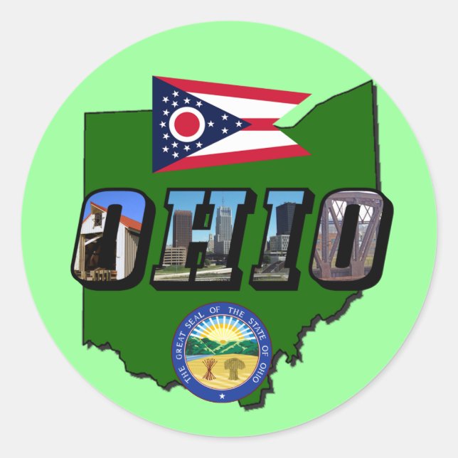 Ohio State Map, Picture Text, Flag and Seal (Front)