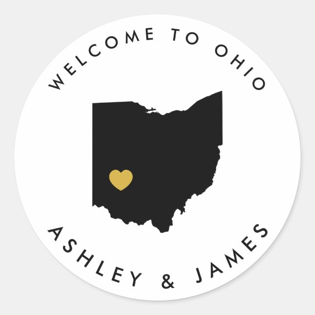 Ohio Wedding Welcome Sticker Tag, Black & Gold (Front)