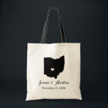 Ohio Wedding Welcome Tote Bag<br><div class="desc">Welcome out of town wedding guests with a bag full of snacks and treats personalised with the state where you're getting married and the bride and groom's names and wedding date. Click Customise It to move the heart to show any city or location on the state map. Use the design...</div>