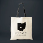 Ohio Wedding Welcome Tote Bag<br><div class="desc">Welcome out of town wedding guests with a bag full of snacks and treats personalised with the state where you're getting married and the bride and groom's names and wedding date. Click Customise It to move the heart to show any city or location on the state map. Use the design...</div>
