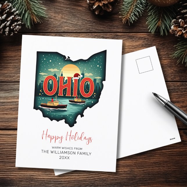 Ohio Xmas Map Happy Holidays Flat Holiday Card (Personalize with your Family Name and year.  Matching items available)