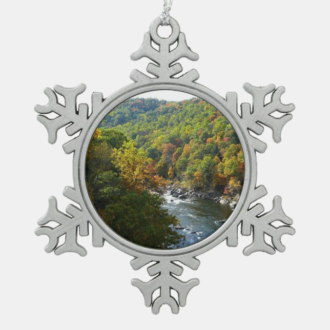 Ohiopyle River in Fall II Pennsylvania Autumn Snowflake Pewter Christmas Ornament (Front)