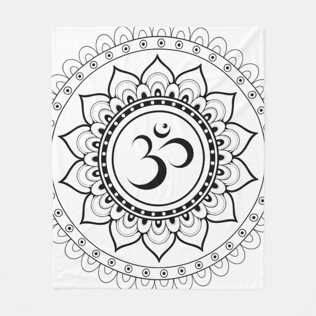 Ohm Mandala Om Mandala White & Black Fleece Blanket (Front)