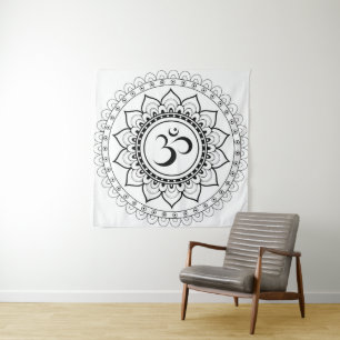 Ohm Mandala Om Mandala White & Black Tapestry
