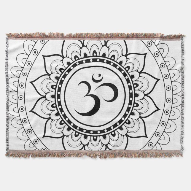 Ohm Mandala Om Mandala White & Black Throw Blanket (Front)