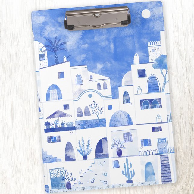 Oia Santorini Greece Watercolor Townscape Painting Clipboard (Oia Santorini Greece blue and white watercolor art clipboard)