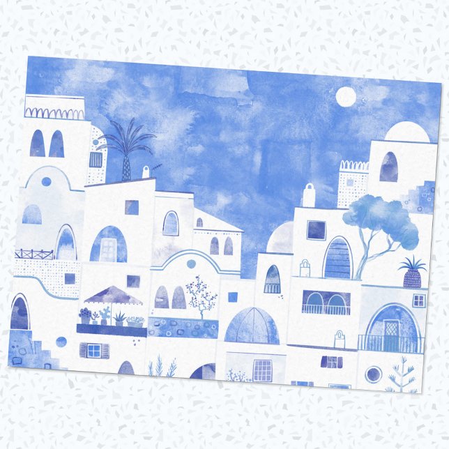 Oia Santorini Greece Watercolor Townscape Painting Tissue Paper (Creator Uploaded)