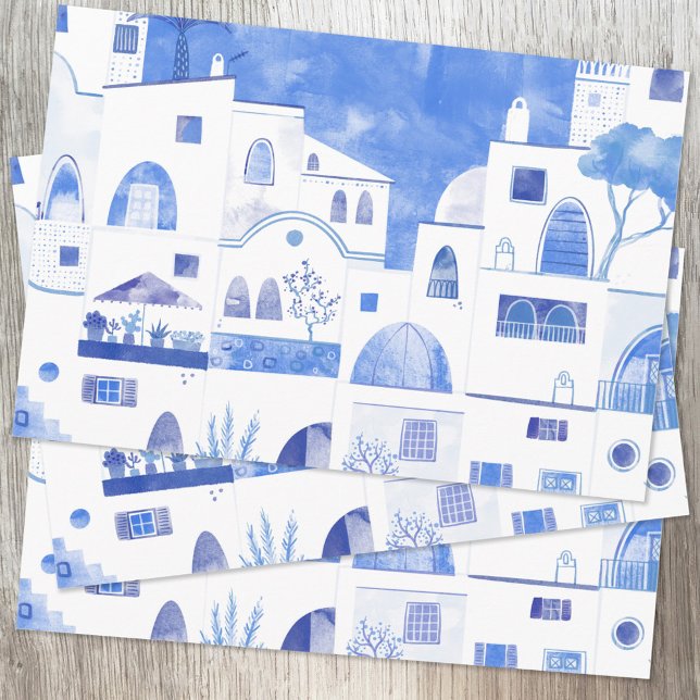 Oia Santorini Greece Watercolor Townscape Painting Wrapping Paper Sheet (Santorini blue and white watercolor painting on wrapping paper sheets)