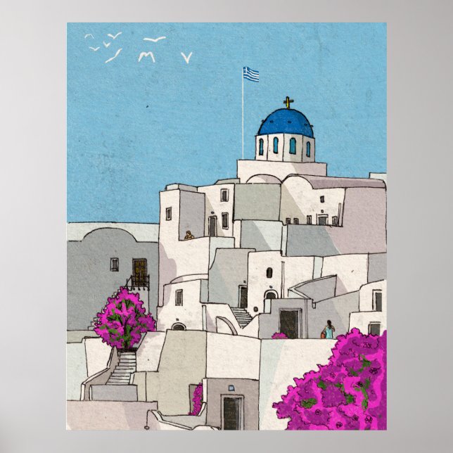 Oia Santorini Island Greece Whimsical Illustration Poster (Front)