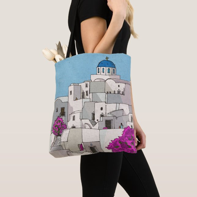 Oia Santorini Island Greece Whimsical Illustration Tote Bag (Close Up)