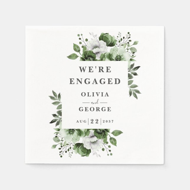 OIive Green Modern Country Floral Engagement Party Napkin (Front)