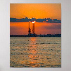 Oil Crane Silhouette Pensacola Bay Sunset Poster