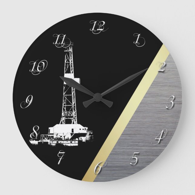 Oil Drilling Rig Gold and Silver Metal Look Large Clock (Front)