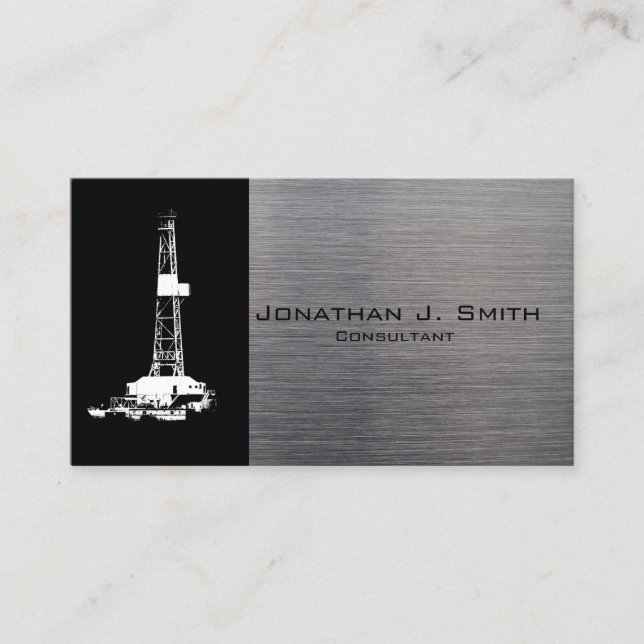 Oil Drilling Rig Silhouette, Metal Look Business Card (Front)