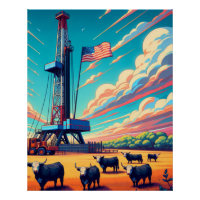 Oil Gas Drilling Scene Cattle And Flag