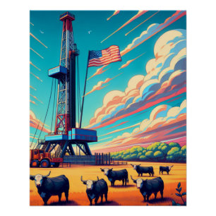Oil Gas Drilling Scene Cattle And Flag Poster