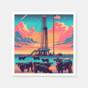  Oil Gas Rig At Sunset  Cattle and American Flag Napkin