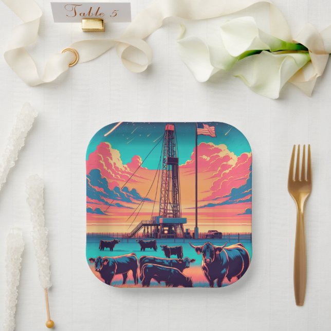  Oil Gas Rig At Sunset  Cattle and American Flag Paper Plate (Wedding)