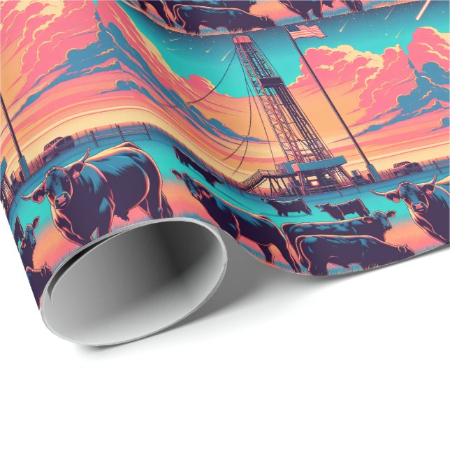  Oil Gas Rig At Sunset  Cattle and American Flag Wrapping Paper (Roll Corner)