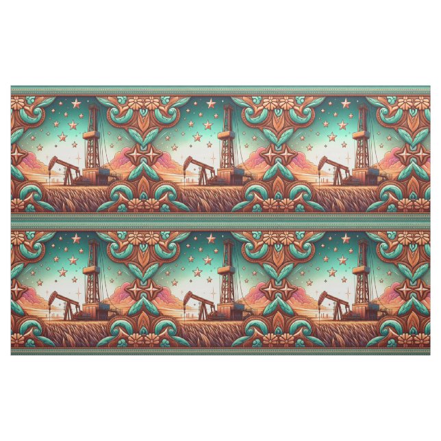 Oil Gas Rig With Leather Print Border Fabric (Fat Quarter)
