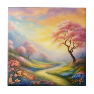 oil paint a spring landscape with river tile