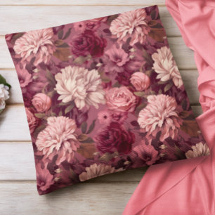 Oil Painted Flowers Burgundy Blush Pink Cushion