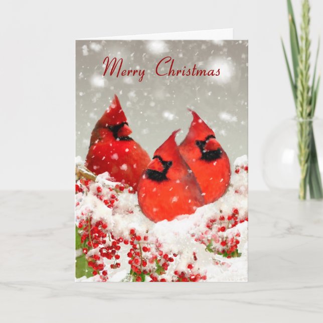Oil Painted Red Cardinals And Winter Berries Holiday Card (Front)