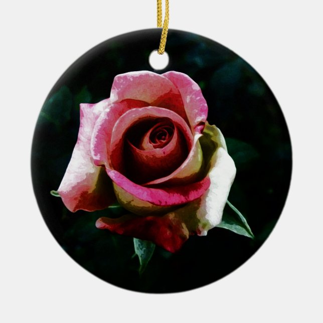 Oil painted red rose ceramic tree decoration (Front)