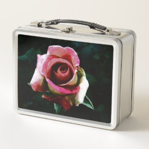 Oil painted red rose metal lunch box