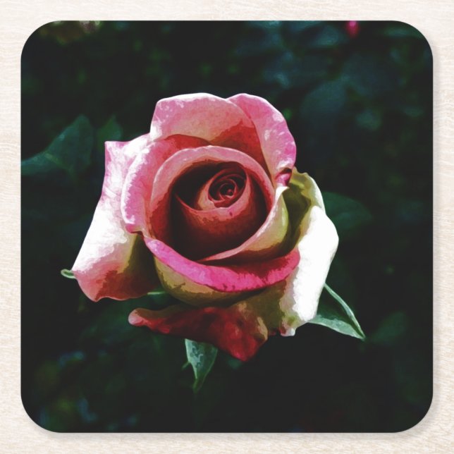 Oil painted red rose square paper coaster (Front)