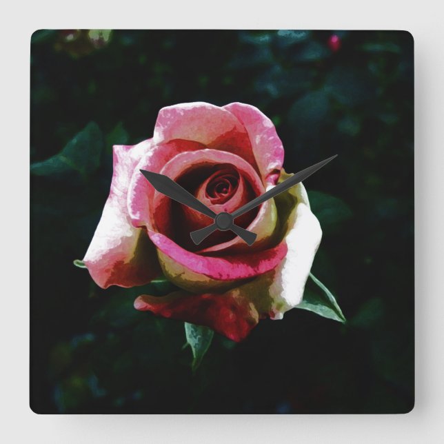 Oil painted red rose square wall clock (Front)