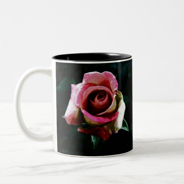 Oil painted red rose Two-Tone coffee mug (Left)